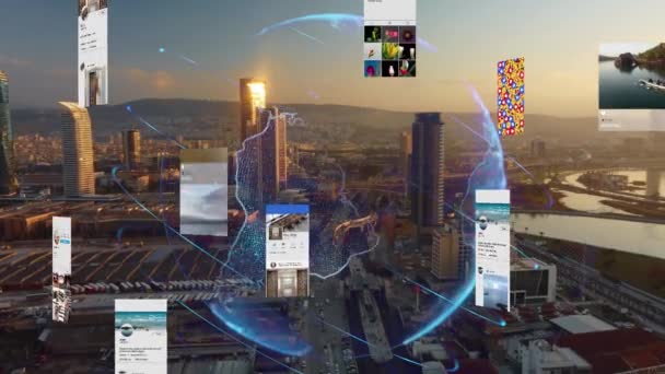 Futuristiska staden ansluten till sociala medier. Högteknologisk vision av London. Förstärkt verklighet. Förenade kungariket. — Stockvideo