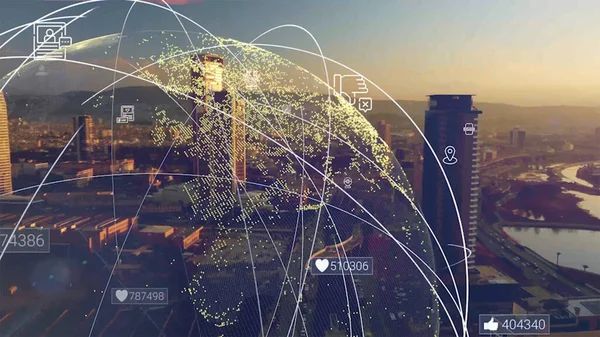 Global anslutning och nätmodernisering i smarta städer. Begreppet framtida 5G trådlös digital anslutning och sociala medier nätverk . — Stockfoto