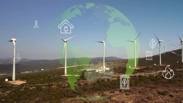 Impianto eolico e tecnologia. Una rete intelligente. Energie rinnovabili. Risorse sostenibili. — Video Stock