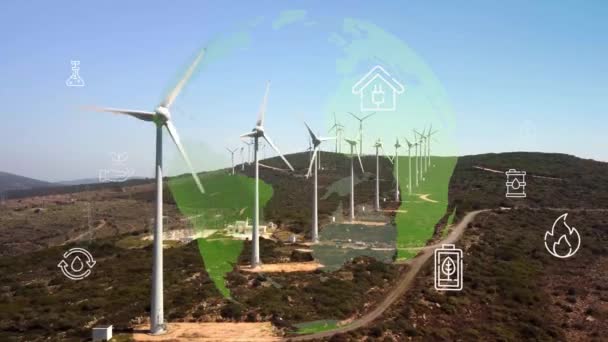 Větrná elektrárna a technologie. Chytrá síť. Obnovitelná energie. Udržitelné zdroje. — Stock video