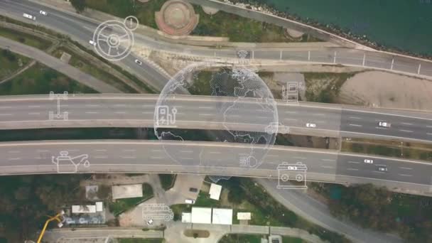 インテリジェント車愛物流自律配送車を通信IoT GPSトラッキング衛星5Gスマート道路交通路ジャンクション交差点交通データの高速道路三角測量 — ストック動画
