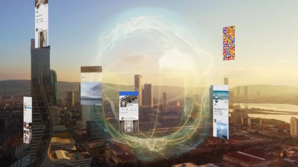 Футуристический город, связанный с социальными сетями. Высокотехнологичное видение Измира. Дополненная реальность. — стоковое видео