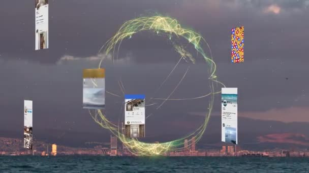 Futuristic city connected to social media. High tech vision of izmir. Augmented reality. — Stock Video
