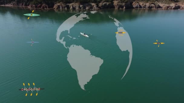 静かな水の上に横たわる女性とスポーツカヌー 空中ビュー 高品質4K映像 — ストック動画