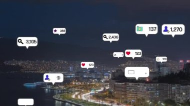 Social media icons fly over city downtown showing people engagement connection through social network application platform . Concept for online community and social media marketing strategy . High