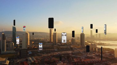 Birkaç arayüzle bağlı hava şehri. Fütürist bir kavram. İzmir 'den daha gelişmiş bir gerçeklik. Yüksek kalite fotoğraf