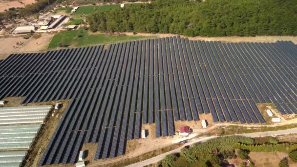 Aerial View Solar Farm Green Field Flying Many Solar Panels — Stock Video