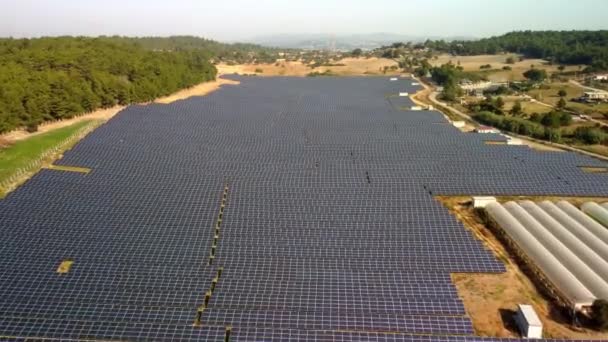 Letecký Pohled Solární Farmu Zeleném Poli Létání Nad Mnoha Solárními — Stock video