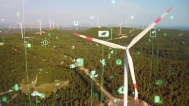 Rüzgar santrali ve teknoloji. Akıllı şebeke Yenilenebilir enerji. Sürdürülebilir kaynaklar. Yüksek kalite 4k görüntü