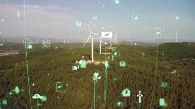 Rüzgar santrali ve teknoloji. Akıllı şebeke Yenilenebilir enerji. Sürdürülebilir kaynaklar. Yüksek kalite 4k görüntü