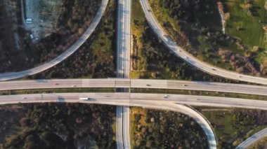 Overhead aerial view of highway.Road interchange.Drone footage. High quality 4k footage