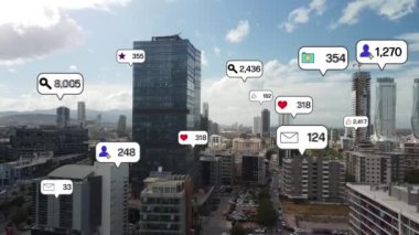 Social media icons fly over city downtown showing people engagement connection through social network application platform . Concept for online community and social media marketing strategy . High