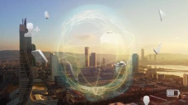 Akıllı şehir ve iletişim ağı konsepti. 5G mi? LPWA Düşük Güç Geniş Alanı. Kablosuz iletişim. Yüksek kalite 4k görüntü