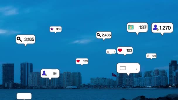 Social Media Icons Fly City Downtown Showing People Engagement Connection — Stok video