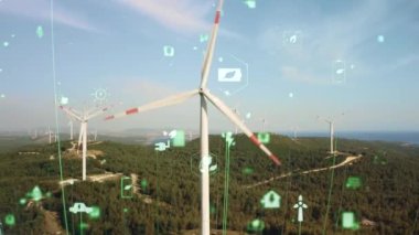 Rüzgar santrali ve teknoloji. Akıllı şebeke Yenilenebilir enerji. Sürdürülebilir kaynaklar. Yüksek kalite 4k görüntü