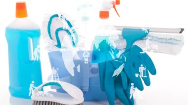 different products and items for cleaning on the floor . Concept cleaning. . High quality 4k footage