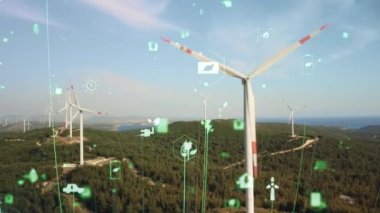 Rüzgar santrali ve teknoloji. Akıllı şebeke Yenilenebilir enerji. Sürdürülebilir kaynaklar. Yüksek kalite 4k görüntü