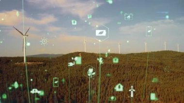 Rüzgar santrali ve teknoloji. Akıllı şebeke Yenilenebilir enerji. Sürdürülebilir kaynaklar. Yüksek kalite 4k görüntü