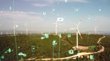 Rüzgar santrali ve teknoloji. Akıllı şebeke Yenilenebilir enerji. Sürdürülebilir kaynaklar. Yüksek kalite 4k görüntü