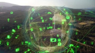 Rüzgar santrali ve teknoloji. Akıllı şebeke Yenilenebilir enerji. Sürdürülebilir kaynaklar. Yüksek kalite 4k görüntü
