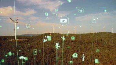 Rüzgar santrali ve teknoloji. Akıllı şebeke Yenilenebilir enerji. Sürdürülebilir kaynaklar. Yüksek kalite 4k görüntü