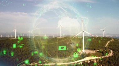 Rüzgar santrali ve teknoloji. Akıllı şebeke Yenilenebilir enerji. Sürdürülebilir kaynaklar. Yüksek kalite 4k görüntü