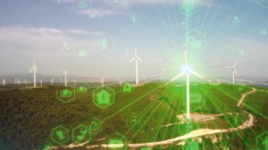 Rüzgar santrali ve teknoloji. Akıllı şebeke Yenilenebilir enerji. Sürdürülebilir kaynaklar. Yüksek kalite 4k görüntü