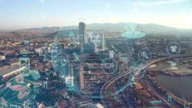 Akıllı şehir ve iletişim ağı konsepti. 5G mi? LPWA Düşük Güç Geniş Alanı. Kablosuz iletişim. Yüksek kalite 4k görüntü