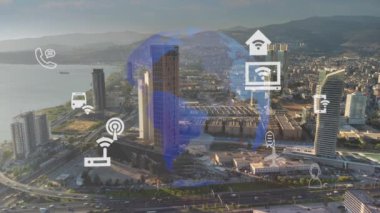 Akıllı şehir ve iletişim ağı konsepti. 5G mi? LPWA Düşük Güç Geniş Alanı. Kablosuz iletişim. Yüksek kalite 4k görüntü