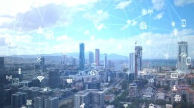 Akıllı şehir ve iletişim ağı konsepti. 5G mi? LPWA Düşük Güç Geniş Alanı. Kablosuz iletişim. Yüksek kalite 4k görüntü