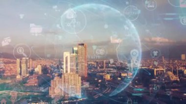 Akıllı şehir ve iletişim ağı konsepti. 5G mi? LPWA Düşük Güç Geniş Alanı. Kablosuz iletişim. Yüksek kalite 4k görüntü