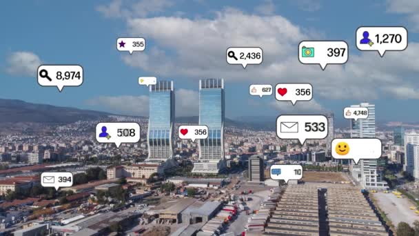 Social Media Icons Fly City Downtown Showing People Engagement Connection — Stock Video