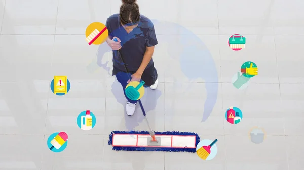 Young Housekeeper Cleaning Floor Mobbing Holding Mop Plastic Bucket Brushes — Stok fotoğraf