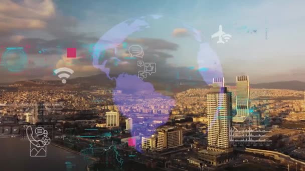 Widok Lotu Ptaka Izmir Skyline Połączeniami Technologia Futurystyczny Nowoczesny Widok — Wideo stockowe