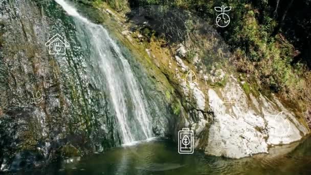 Beautiful Waterfall Green Mossy Rocks Water Stream Flowing Rocky Path — Video