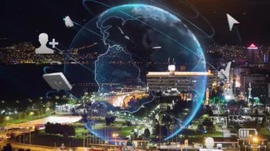 Akıllı şehir ve iletişim ağı konsepti. 5G mi? LPWA Düşük Güç Geniş Alanı. Kablosuz iletişim. Yüksek kalite 4k görüntü