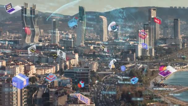 Онлайн Шопинг Изменение Интернет Сети Умном Городе Концепция Будущего Беспроводного — стоковое видео