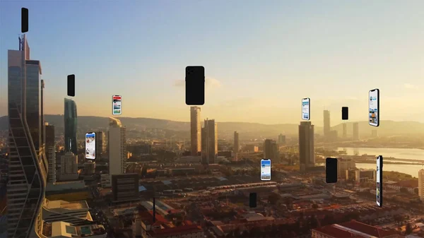 Connected aerial city with several interfaces. Futuristic concept. Augmented reality over Izmir. High quality photo