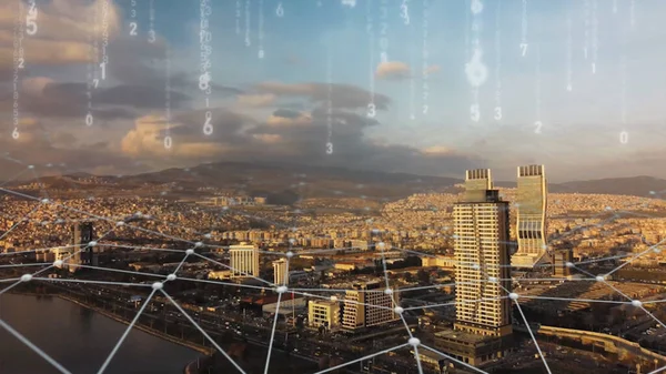 Flygfoto Izmir Skyline Med Anslutningar Teknik Futuristisk Högteknologisk Bild Finansdistriktet — Stockfoto