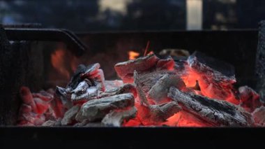 bbq Grill 'de yanan kırmızı organik kömür dokusu. Yüksek kaliteli FullHD görüntüler