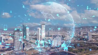 Akıllı şehir IOT interneti ICT dijital teknoloji fütüristik, otomasyon yönetimi akıllı dijital teknoloji VPN siber güvenlik enerjisi sürdürülebilir metaevren şehir sanal artırılmış. Yüksek