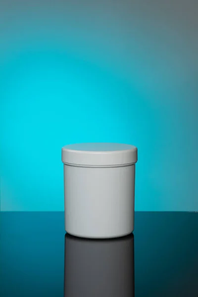 White Cosmetic Jar Mokup Reflection Blue Background Spot Light Background — Stock Fotó