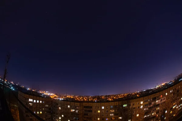 Night Starry Sky City View Roof High Rise Building Fisheye — стоковое фото