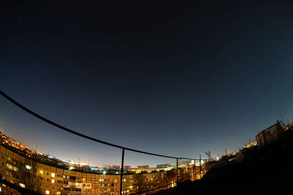 Night Starry Sky City View Roof High Rise Building Fisheye — стоковое фото