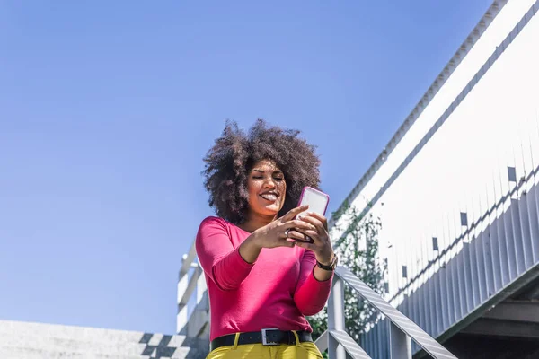 Attractive Afro Haired Racial Girl Takes Picture Herself Walking Some — Stock Photo, Image