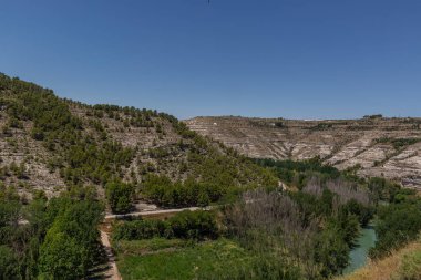 Albacete, İspanya 'da güneşli bir günde yeşil ve ekolojik doğal bir vadi manzarası