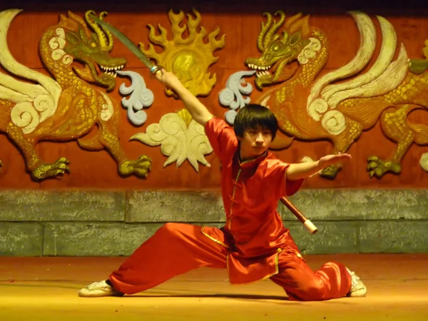Artista marcial chinês se apresentando no palco — Fotografia de Stock