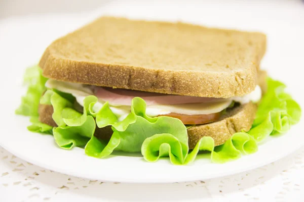 American fresh home sandwich with salami, cheese, salad and tomatoes — Stock Photo, Image