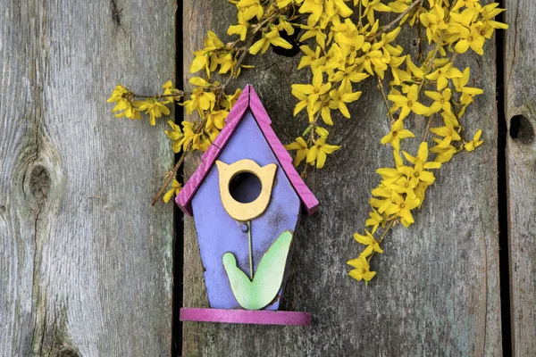 Birdhouse op oude houten hek — Stockfoto