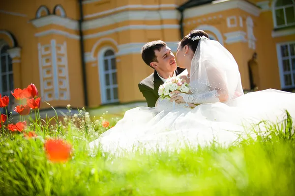 Ženich a nevěsta líbání na trávníku — Stock fotografie